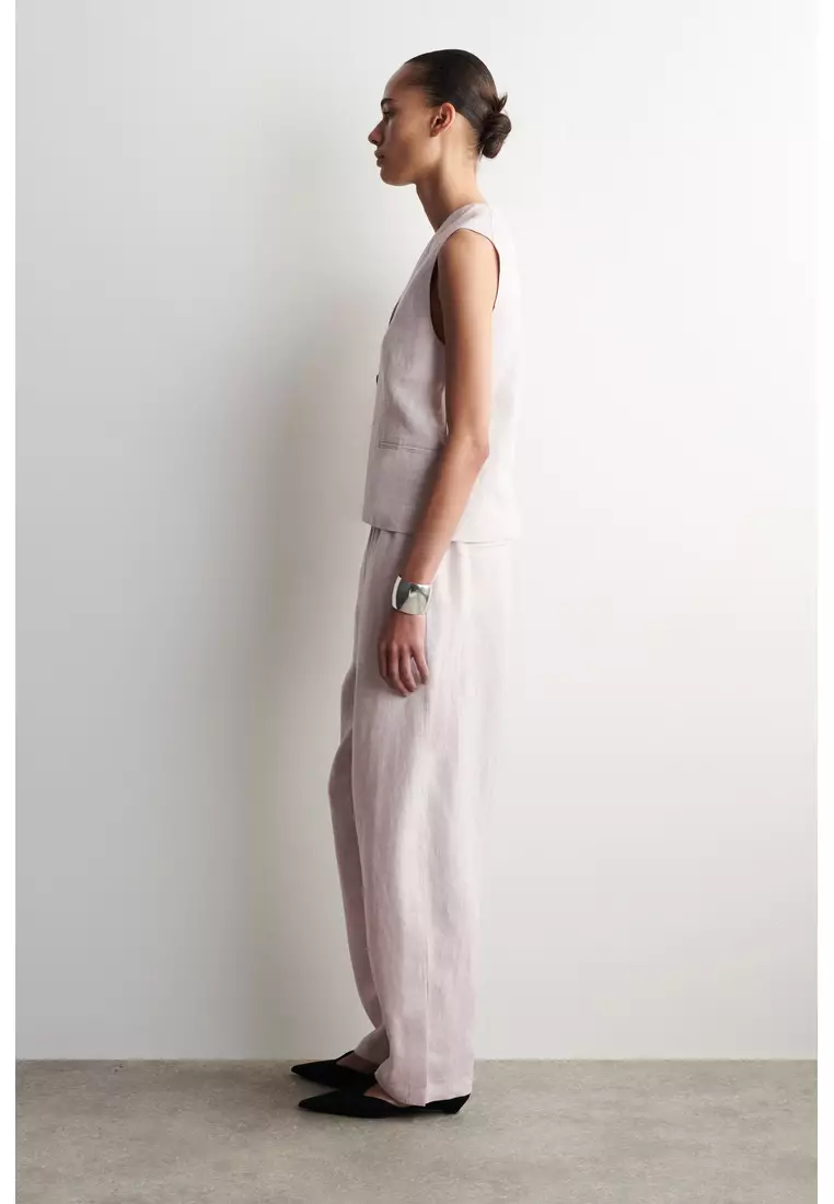 ELASTICATED LINEN BARREL-LEG TROUSERS