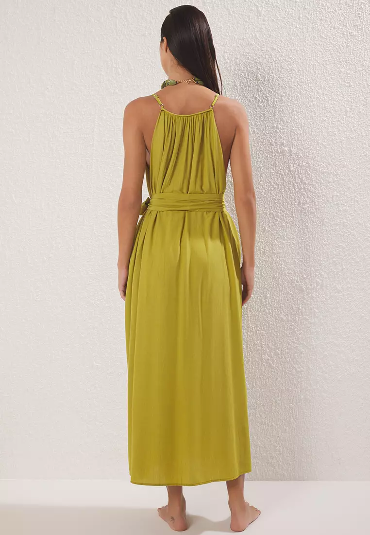 Dark Oil Green Maxi Woven Belted Beach Dress TBESS25EL00086