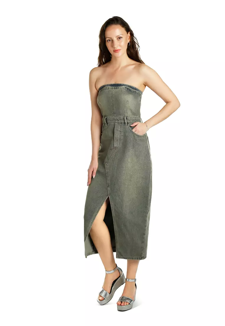 Vintage Wash Strapless Midi Dress