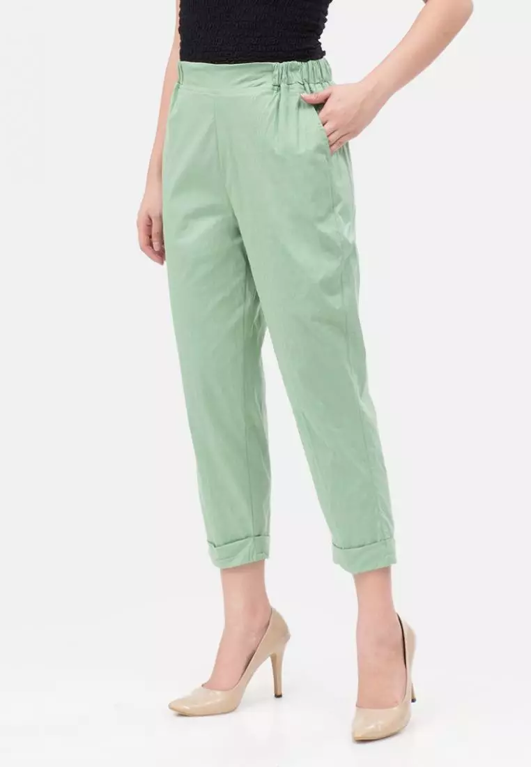 Stretch Linen Ankle Pants in Green