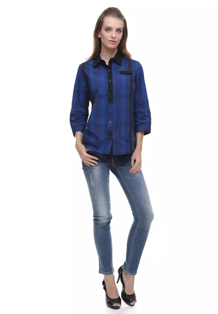 LGS - Regular Fit - Kemeja Wanita - Motif Garis - Biru