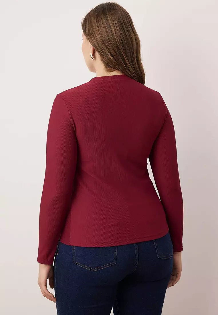 Burgundy Accessory Buttoned Long Sleeve Ribbed Knitted Plus Size Blouse Tbbaw26Af00078
