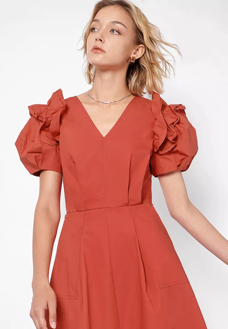 Buy Saturday Club V Neck Ruffled Puff Sleeves Dress 2025 Online