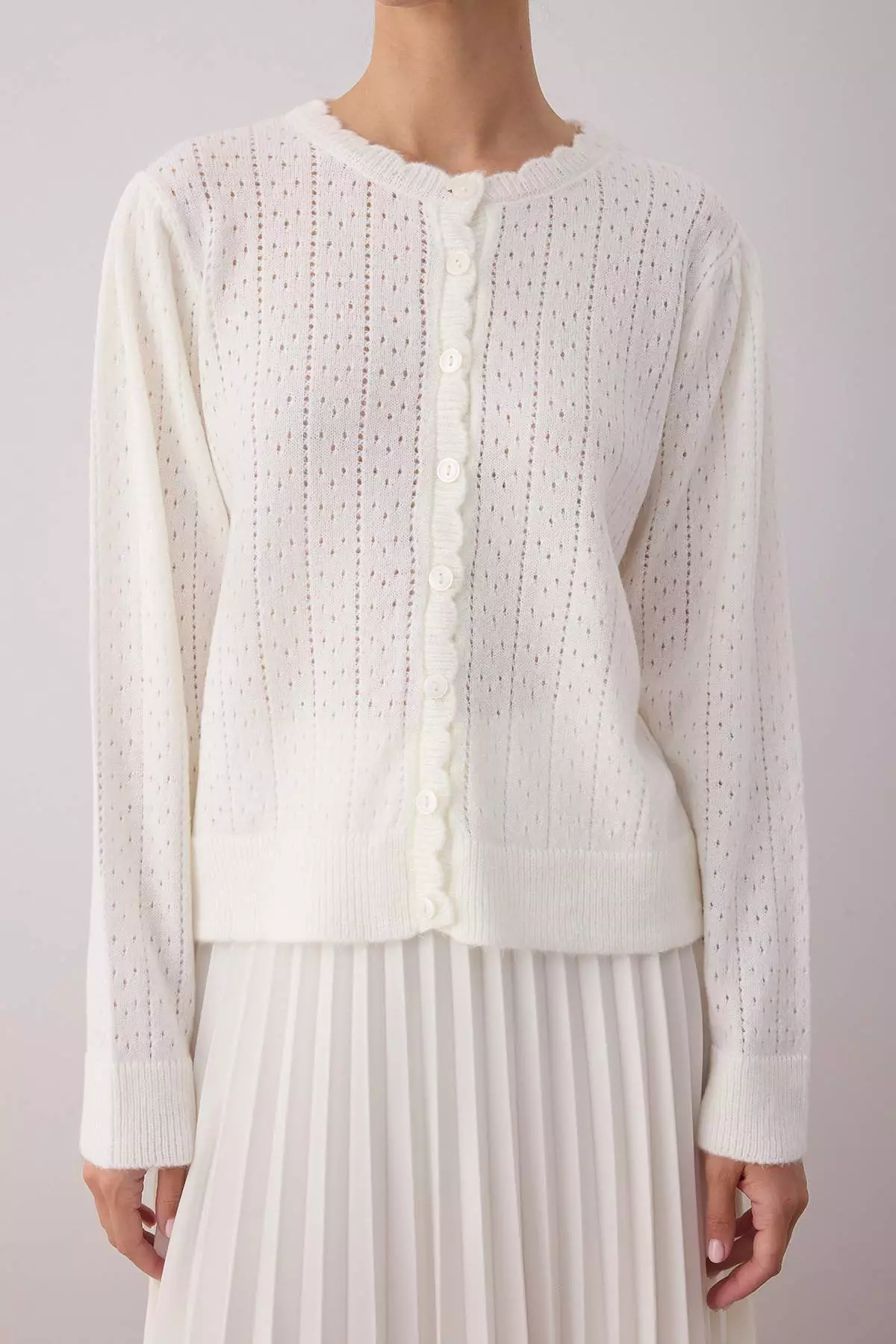 Ecru Soft Textured Openwork Knitwear Cardigan