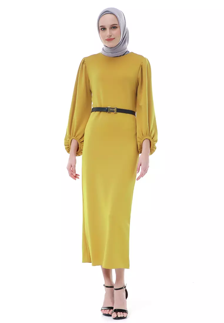 Shima Dress Fashion Muslimah Wanita Long Sleeve Free Belt Premium High Quality - Kuning