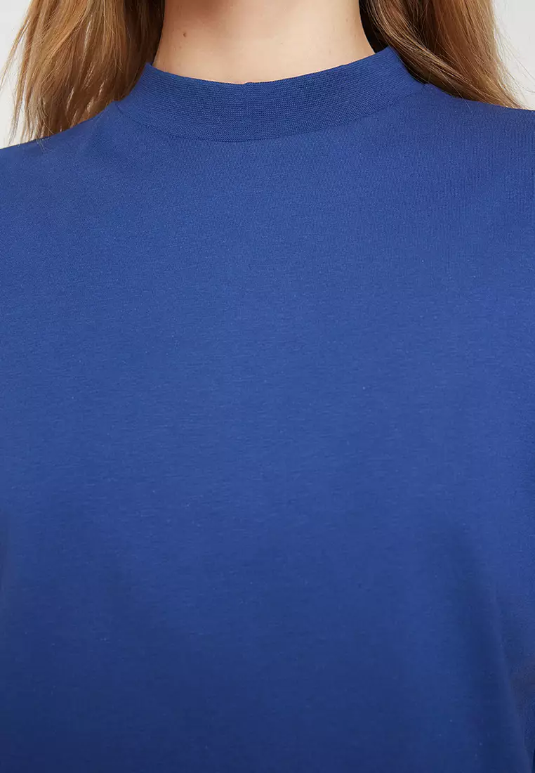 Indigo Basic Regular/Normal Pattern Stand Collar Knitted T-Shirt