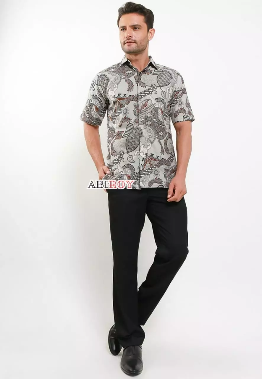Kemeja Batik Pria Premium Slimfit Elegant Modern Lengan Pendek Dewandra Abu
