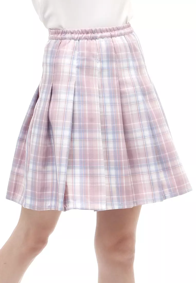 Rok Midi Wanita Motif Tartan Rubbery Waist Design Simple - Peach