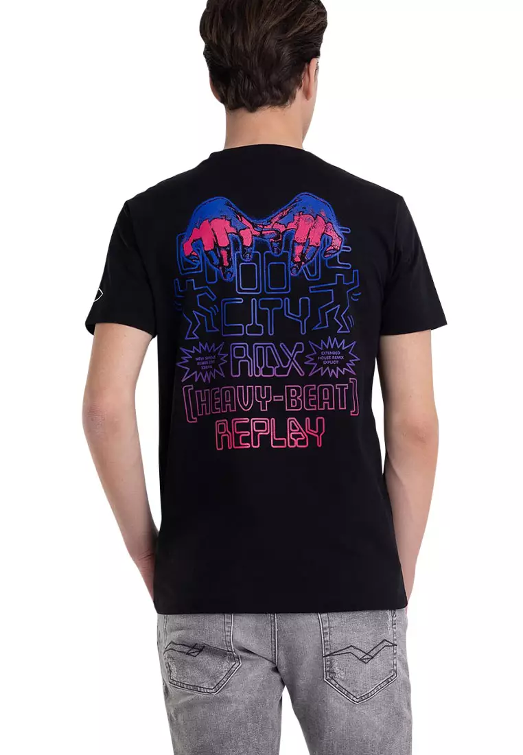 REPLAY JERSEY T-SHIRT WITH FLUO PRINT