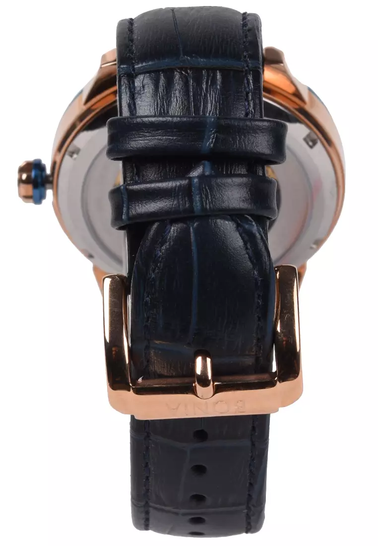 Bonia Tesoro Automatic Limited Edition - Jam Tangan Pria - Rosegold - Blue Leather Strap - BNB10488-1582LE