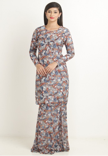 Kurung Modern Princess Cut in Grey with Multicolour Floral Print from Nadzri Morshidi in Grey