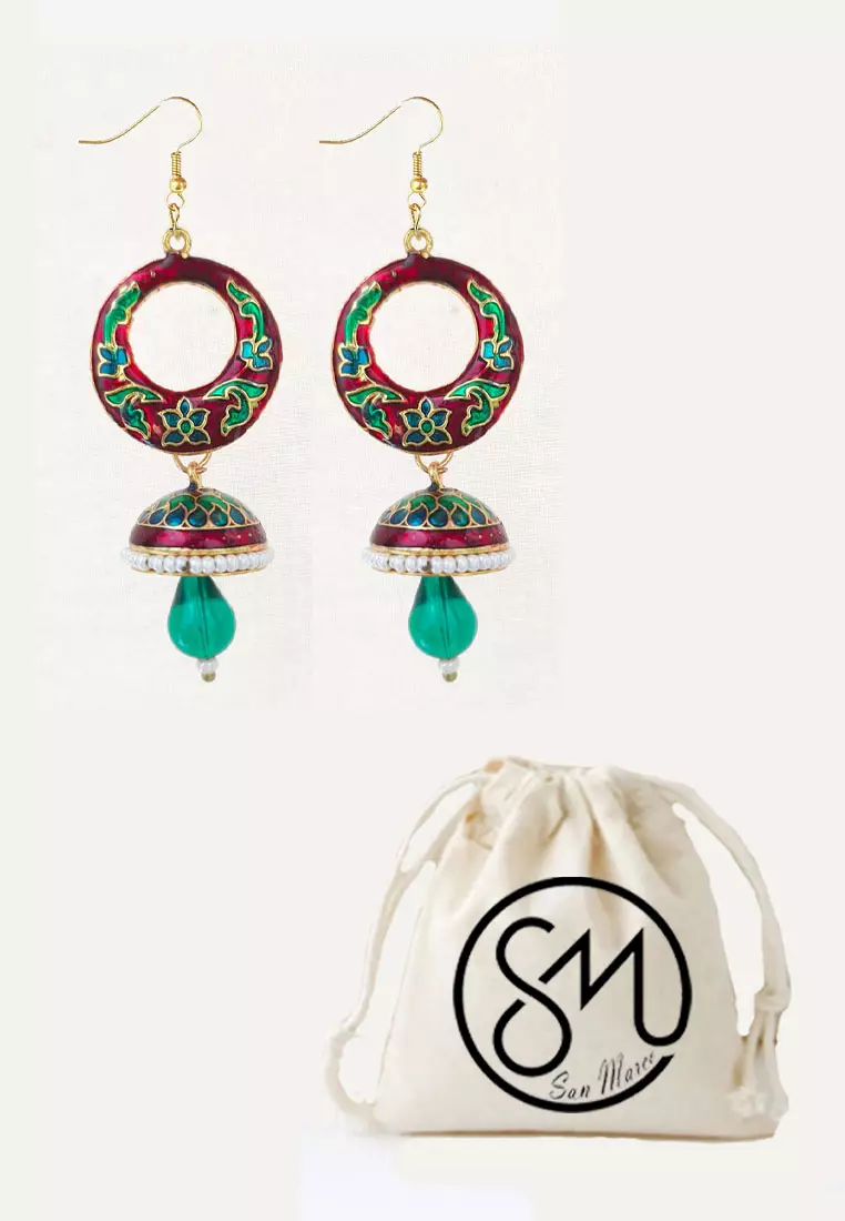 Aksesoris Wanita Floral Lacquer circular Pearly Dome Jhumka Earring Anting Wanita Deep Red