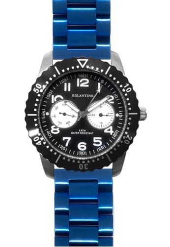 EGLANTINE black and blue and silver EGLANTINE® Terrenz Unisex Steel Quartz Watch, Black Dial, IP Blue Steel Bracelet 8C0C8ACD77C670GS_1