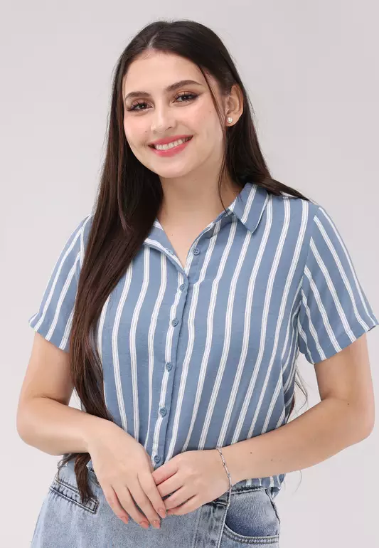 Crumpled Linen 3 Stripes Woven Short Sleeves Blouse