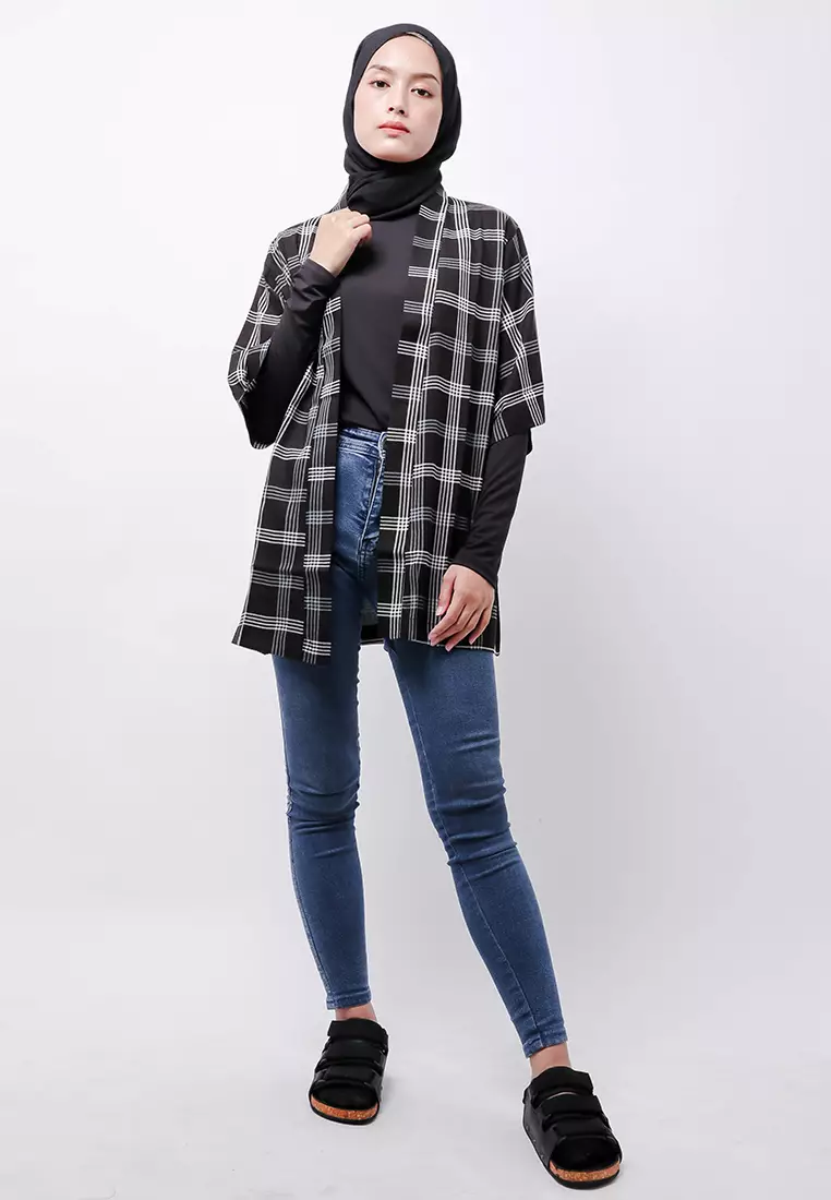 NTB11 KMN Kimono Outer Unisex Kotak Hitam Abu