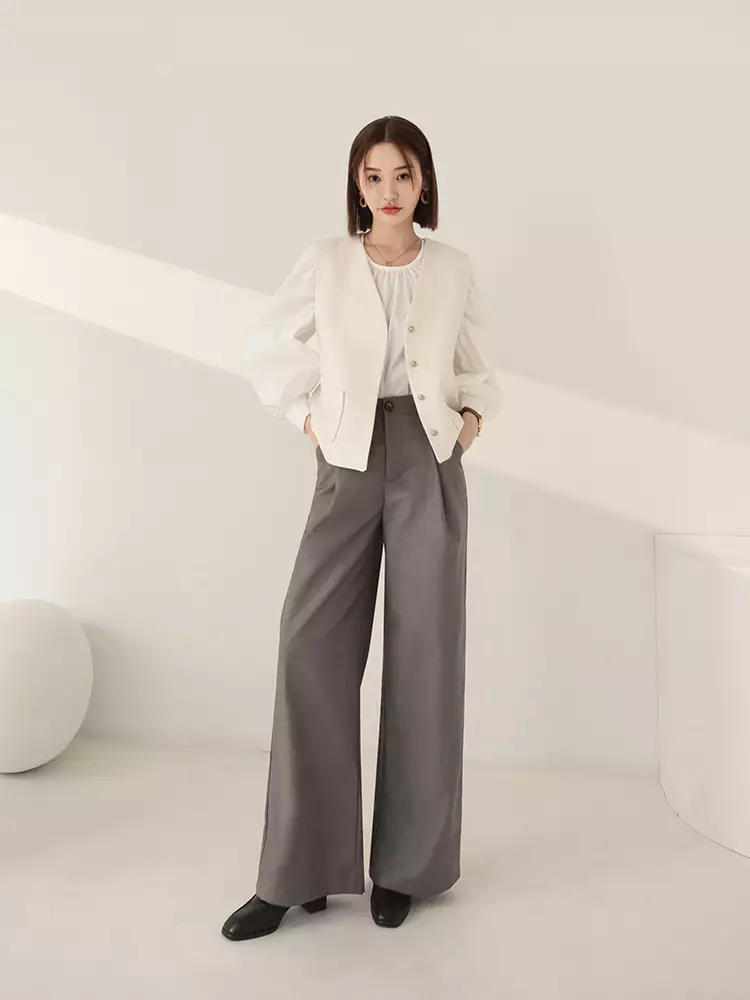 High-Waisted Solid Color Wide-Leg Suit Pants [BA7333]