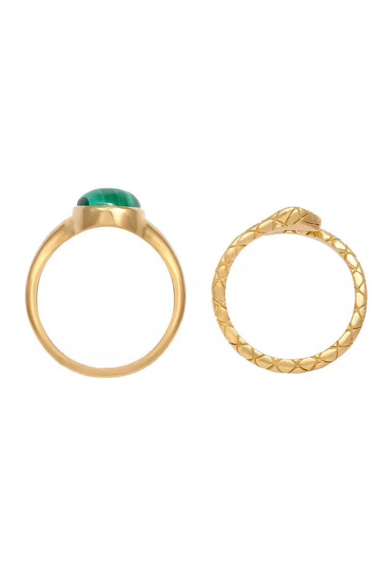 Cincin Perhiasan Perak 925 Wanita Set Signet Malachite Snake Trend Blogger Gold Plated