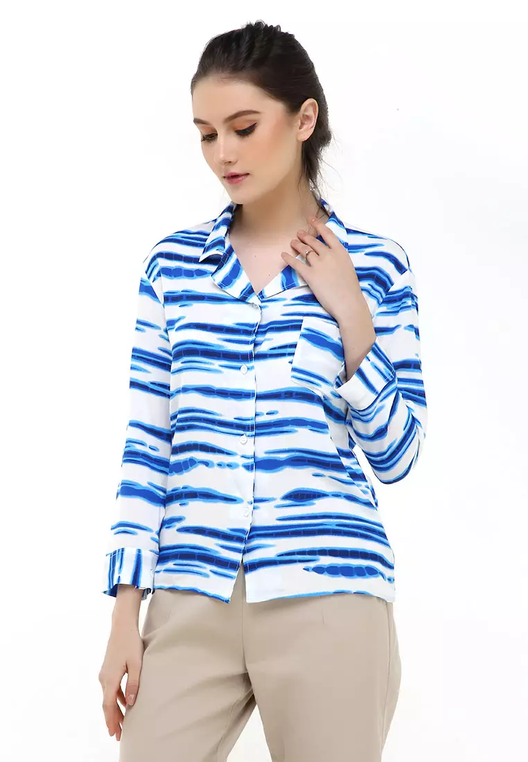 Carel Long Shirt Tie Dye Design Casual Kemeja Atasan Wanita - Biru