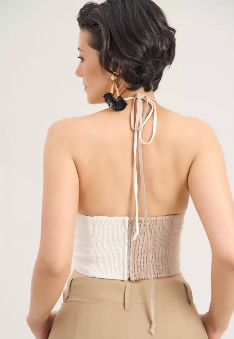 棕色白色亞麻掛脖上衣