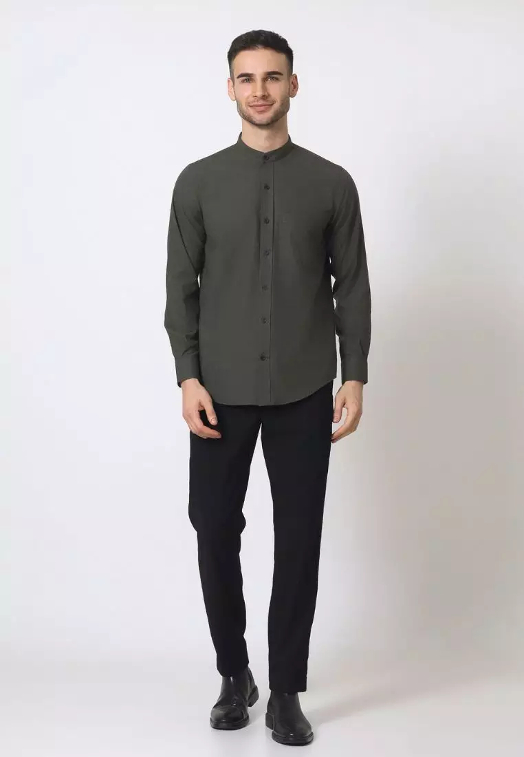 Cotton Well Moeen Shirt Army | Kemeja Koko Oxford Slub Lengan Panjang Hijau
