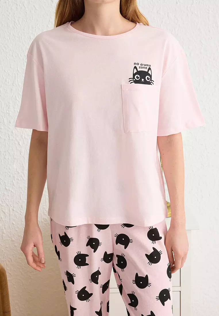 Pink Cat Patterned Knitted Pajama Set
