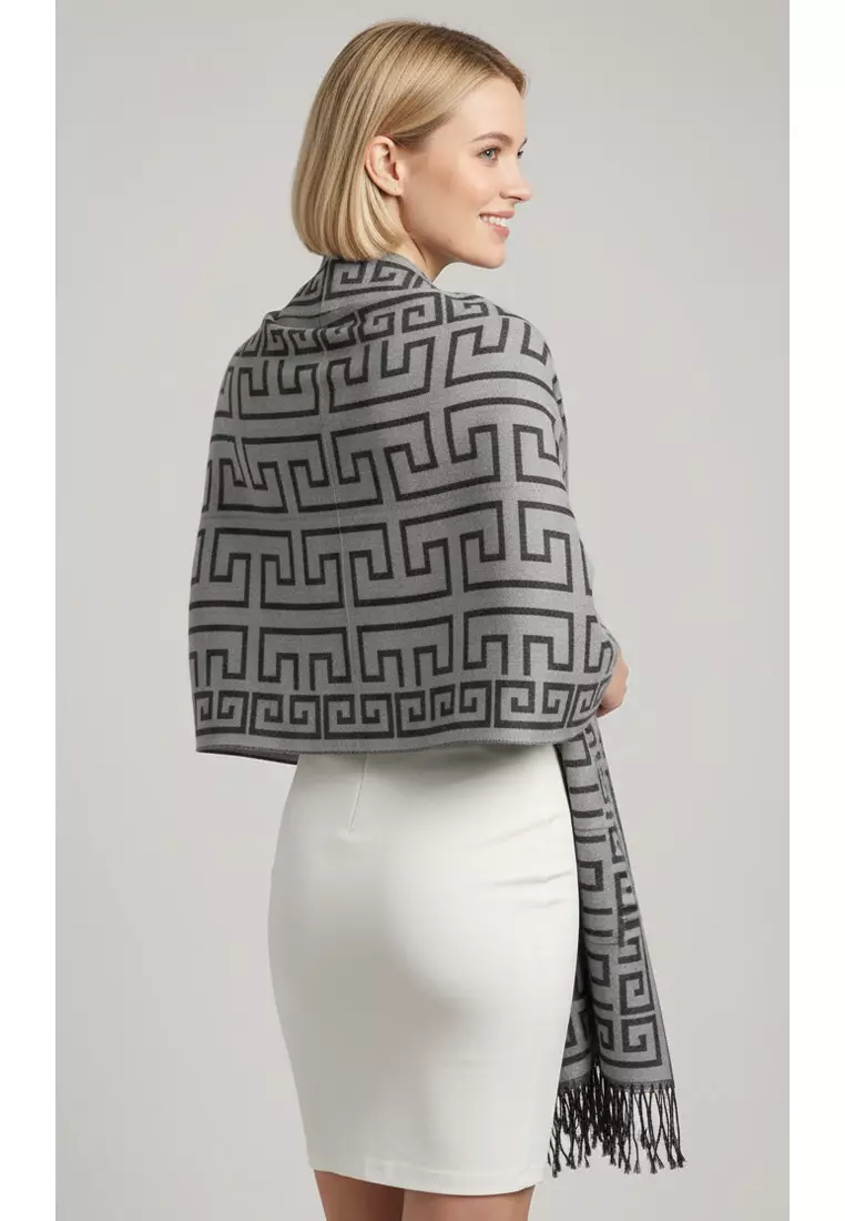 Aksesoris Wanita Reversible Viscose Geometric Maze Pattern Pashmina Shawl Syal Wanita Silver & Black