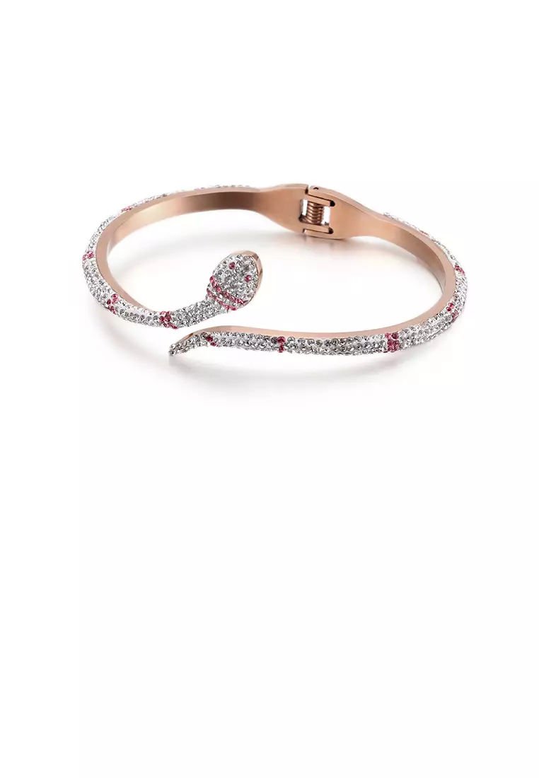 Fashion Personality Plated Rose Gold Snake-shaped 316L Stainless Steel Bangle with Red Cubic Zirconia