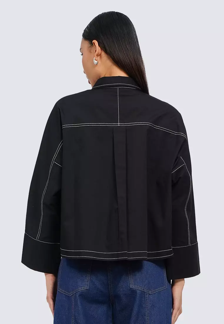 Contrast Stitch Long Sleeve Blouse BLACK