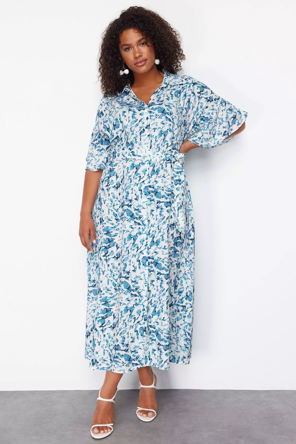 White-Blue Shally Woven Plus Size Dress