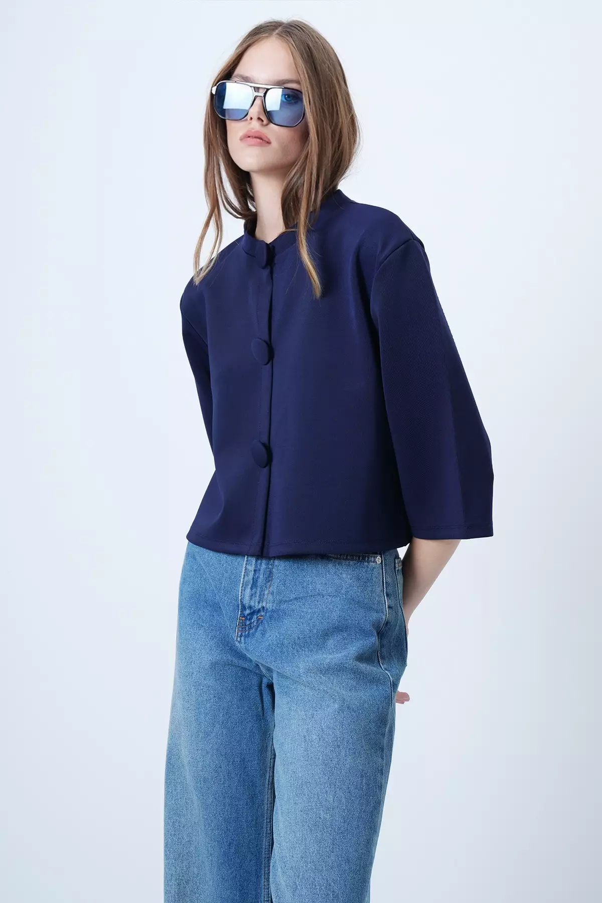 Navy Blue Coated Buttoned Crew Neck Special Design Crop Jacket Alc-X14647