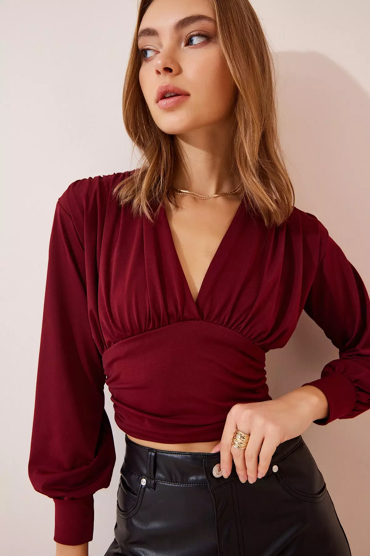 Deep V-Neck Long Sleeve Blouse