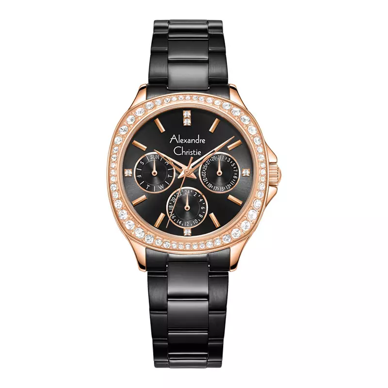 Jam Tangan Wanita Alexandre Christie AC 2B85 BF BBRDG Ladies Black Dial Black Stainless Steel Strap