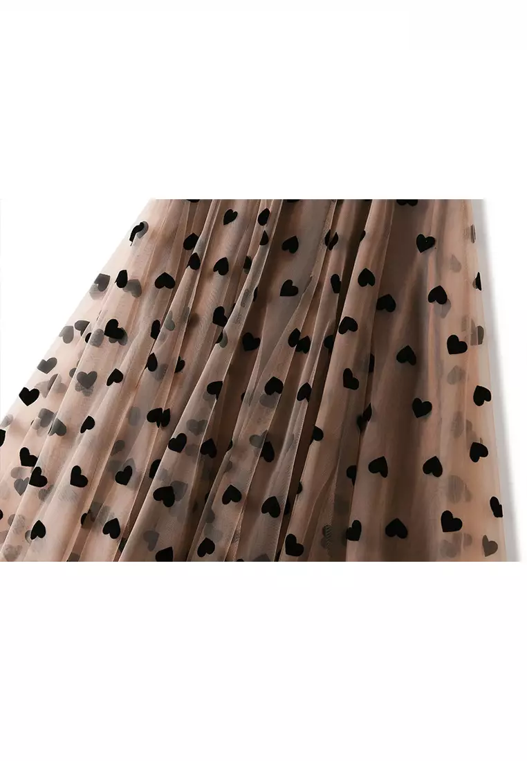 French Vintage Flocking Heart Mesh Maxi Skirt AF1200