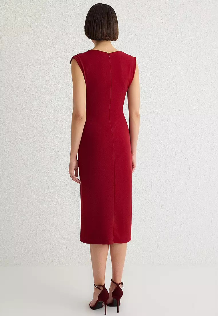 V領束腰連身中長針織連身裙