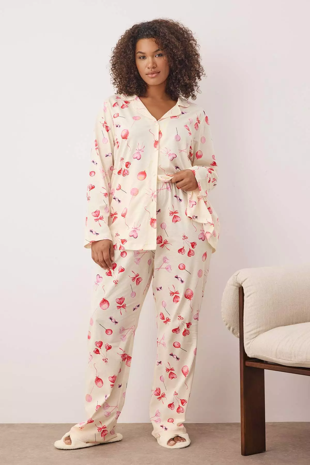 Ecru 100% Cotton Heart Patterned Shirt-Pants Knitted Pajama Set Tbbaw26Ai00017
