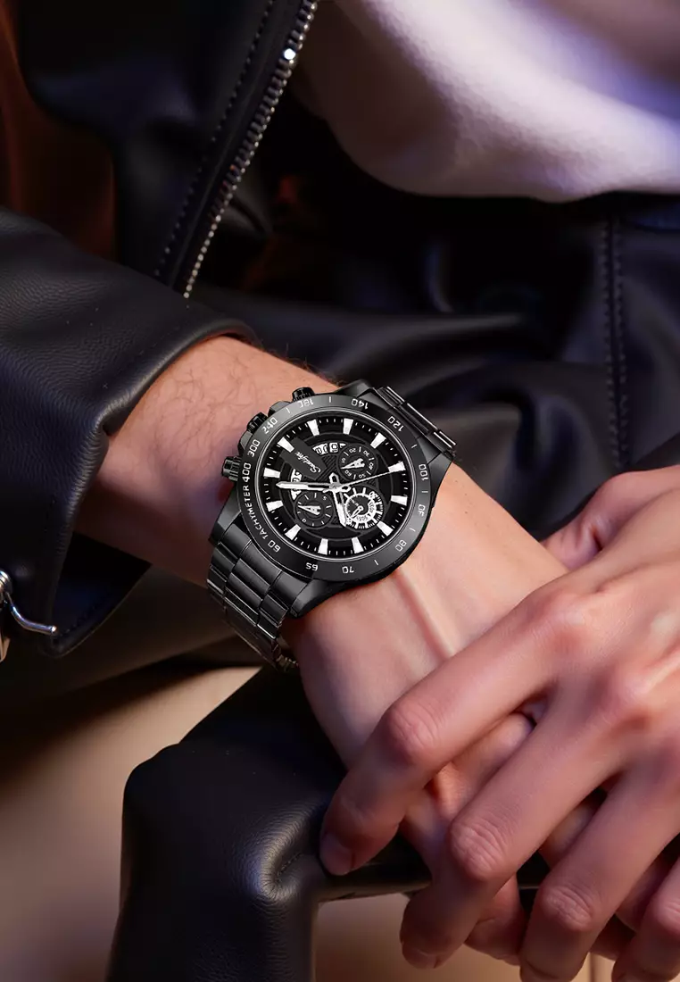 Jam Tangan Pria Quartz Kalender Bercahaya Olahraga Tali Stainless Steel Jam Tangan Cowok SL3321 allblack