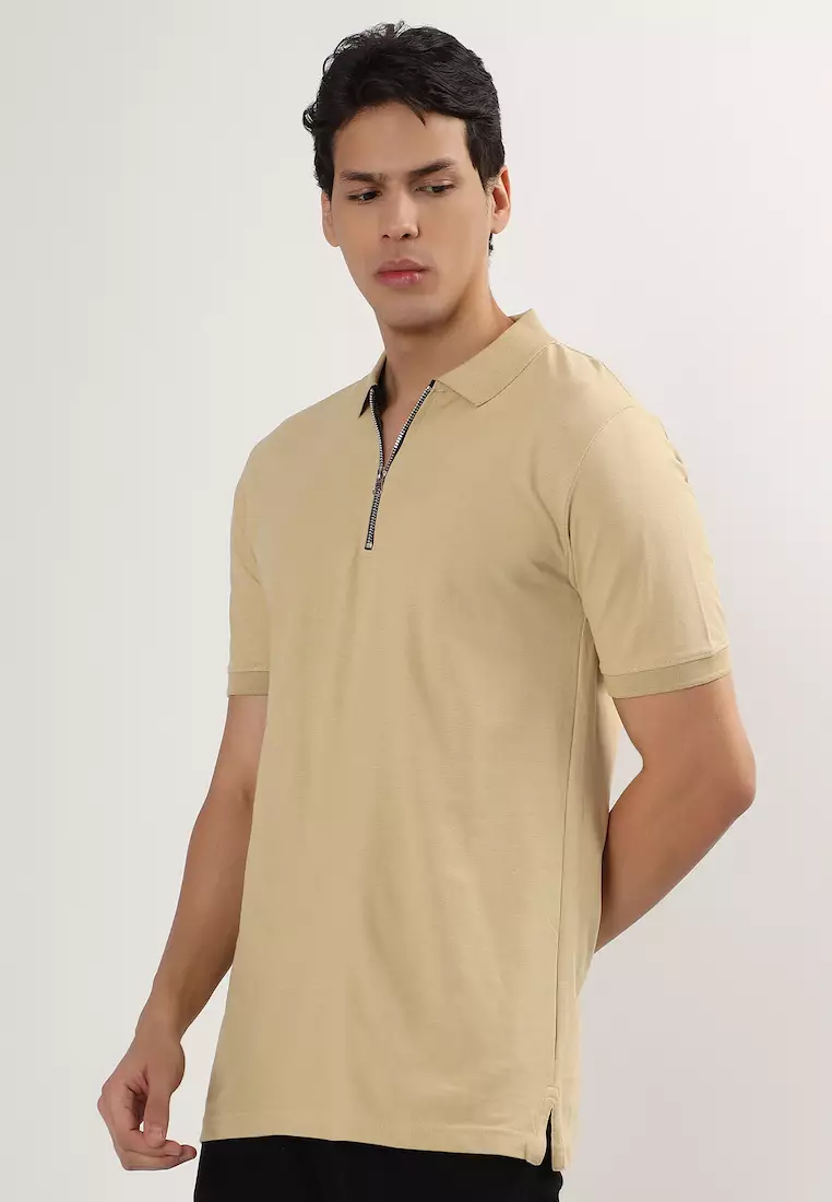 Mens Solid Brown Cotton Relaxed Fit Polo Shirt/Tshirt With Zip, Short Sleeve, Activewear, Casual Wear