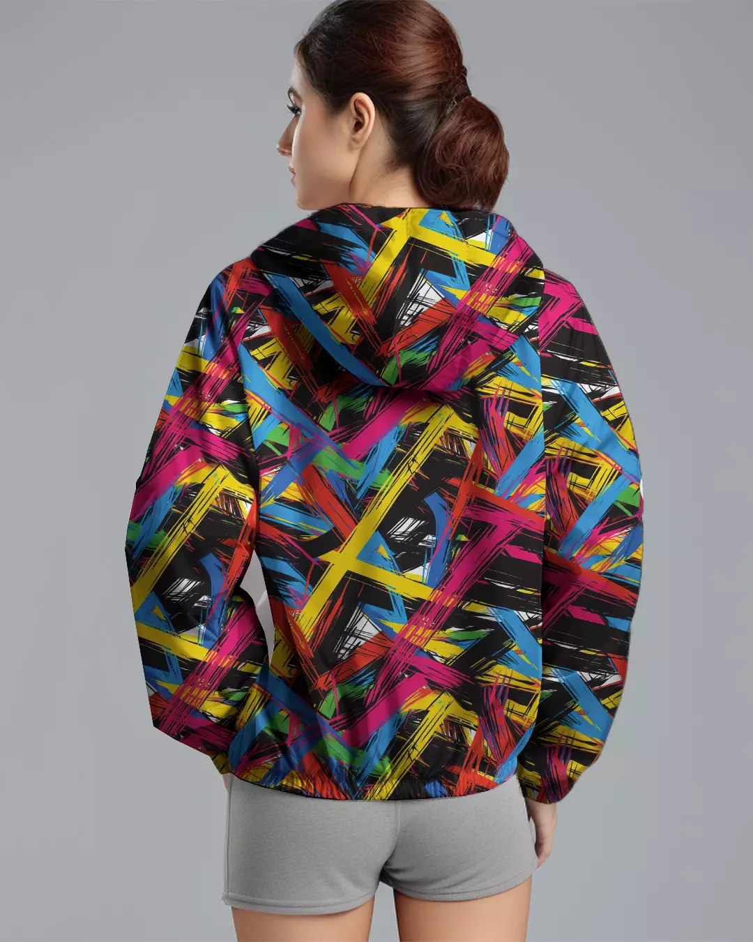 LSD77 Jaket Lari Olahraga Wanita Parasut motif "abstrak cmyk" hitam