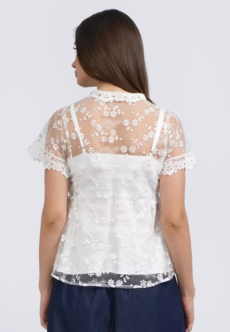 Short Sleeve Lace Blouse OFF WHITE
