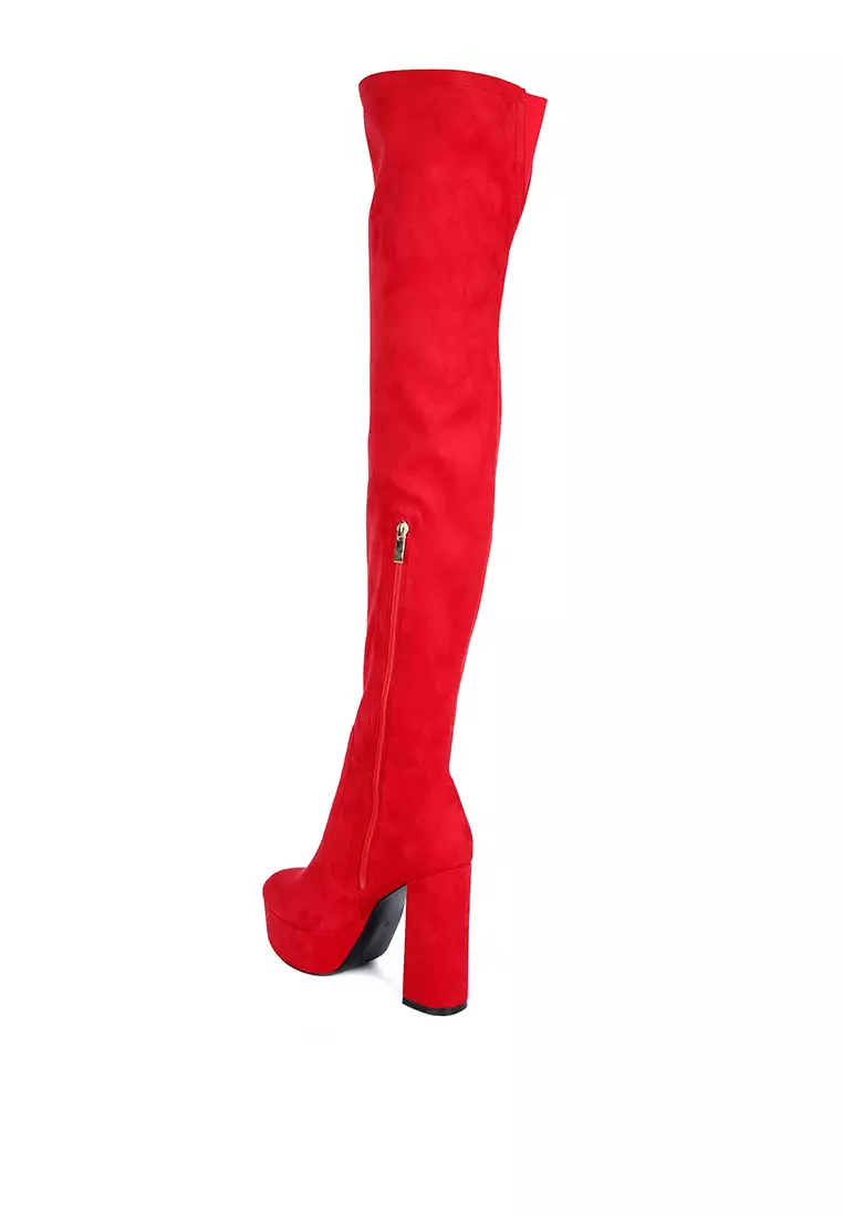 Red over the sale knee leather boots