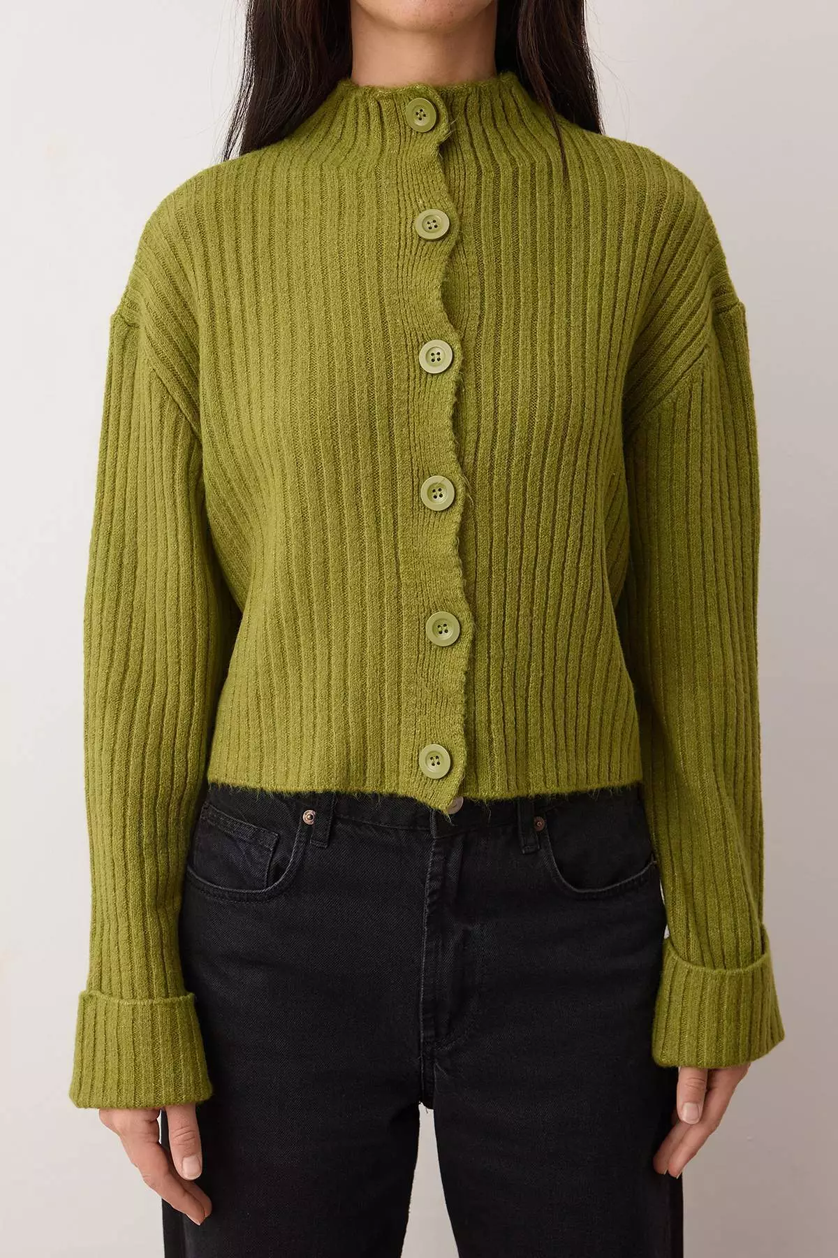 Oil Green Crop Soft Textured Stand Collar Knitwear Cardigan Twoaw22Hi0174