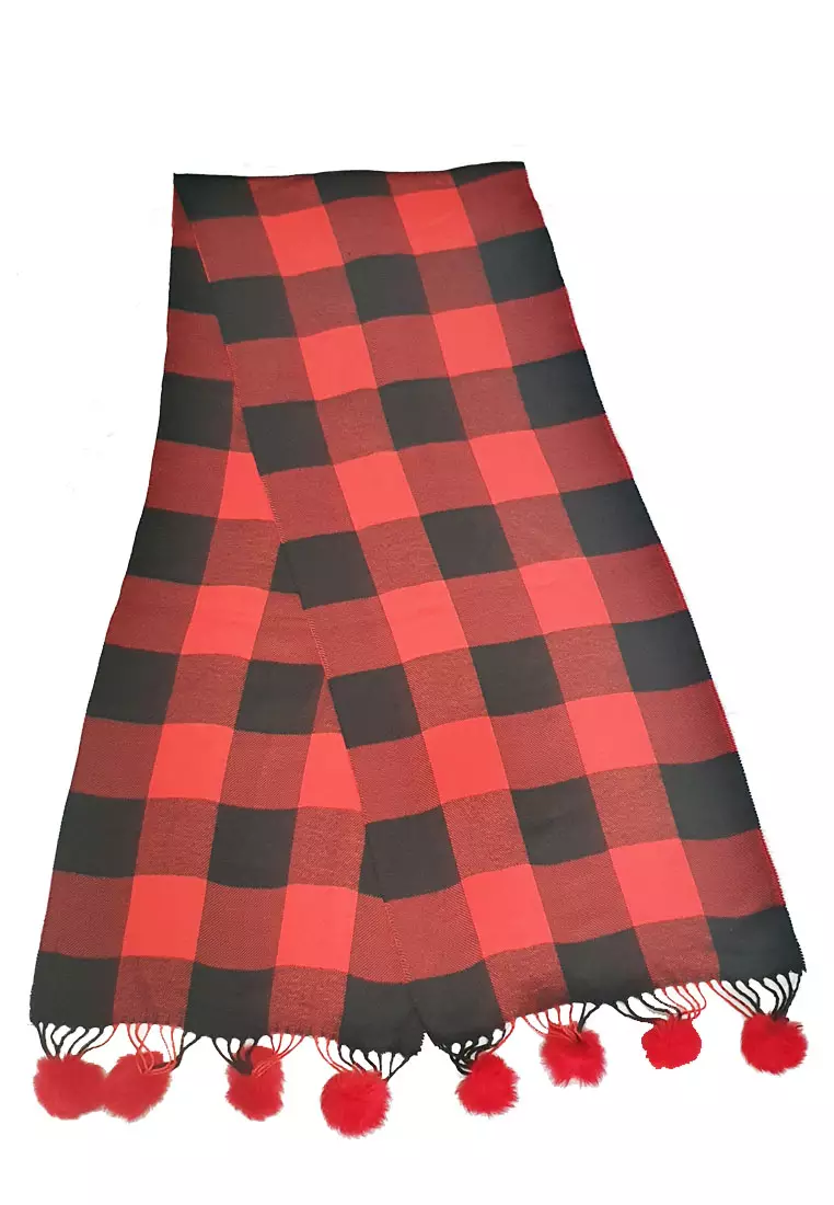 Checkz Muffler Pom-Pom Red & Black