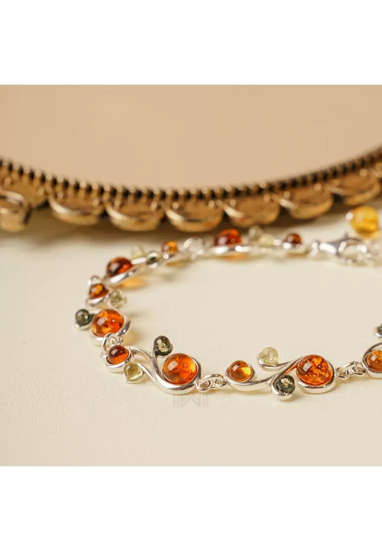 Multifaceted Baltic Amber Curvaceous Silver Bracelet with 925 Sterling Silver