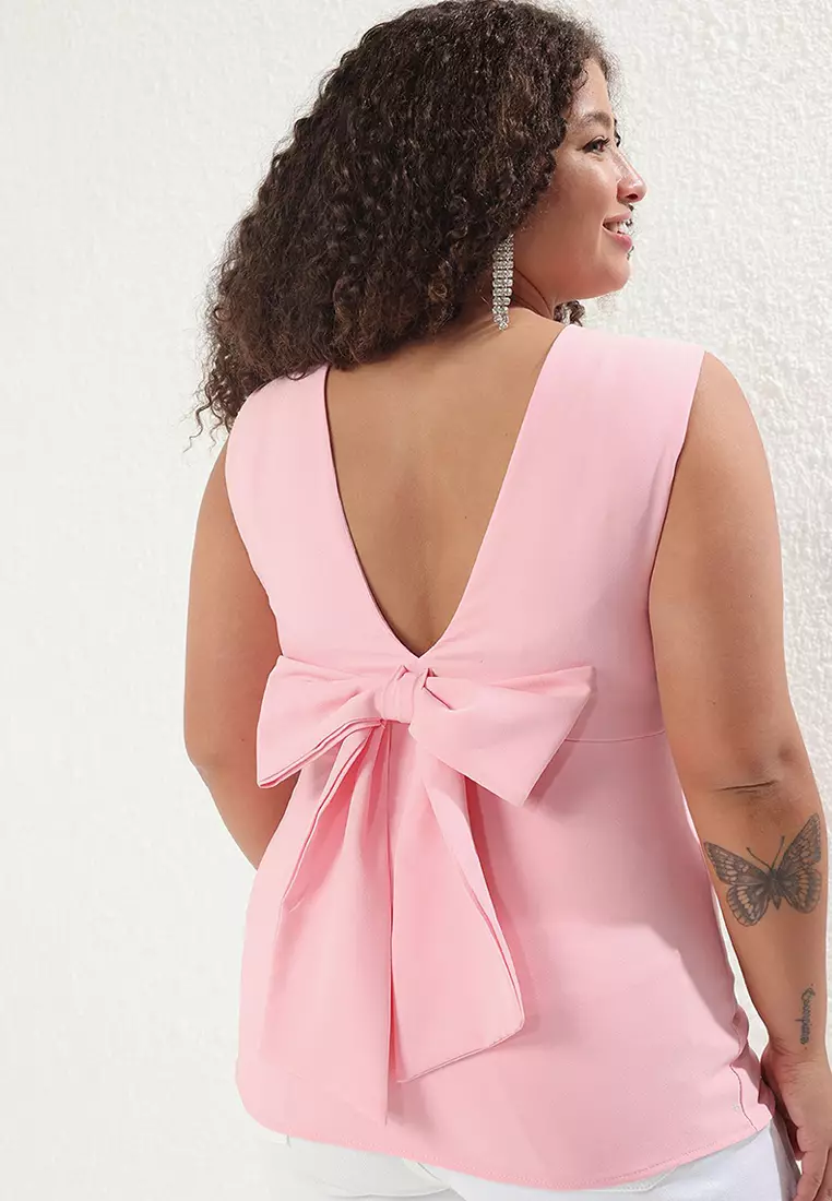 Pink Sleeveless Backless Bowknot Stylish Woven Plus Size Blouse TBBSS25AF00089