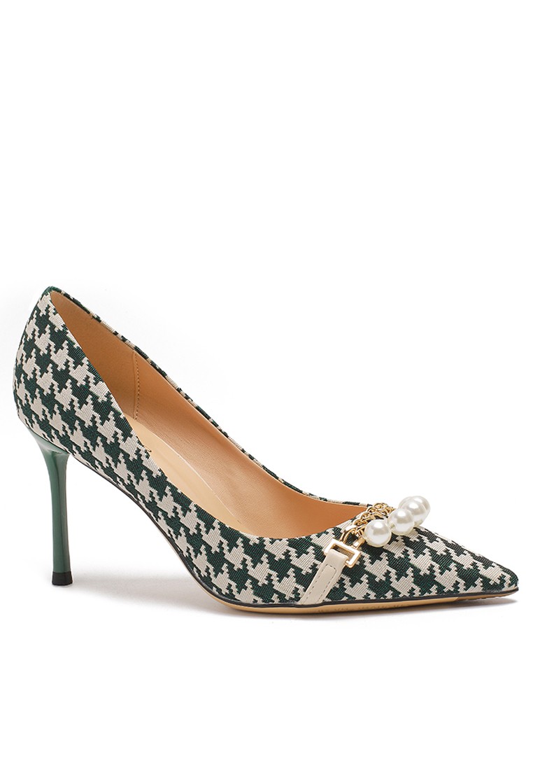 8.5CM Pearl Chain Pointy Plaid Pumps TE7198-7