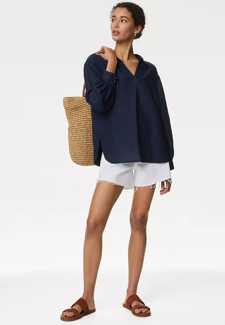 Pure Linen Collared Popover Blouse
