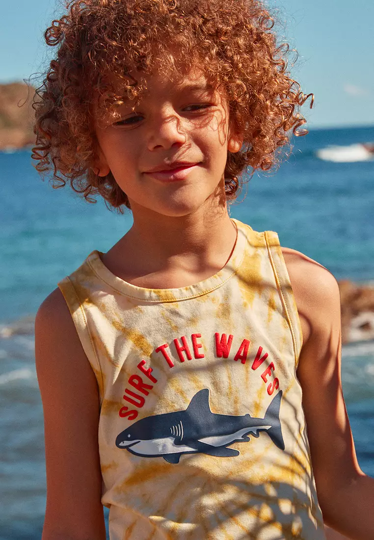 MUSTARD AND WHITE TIE AND DYE TANK TOP WITH JERSEY SHARK MOTIF