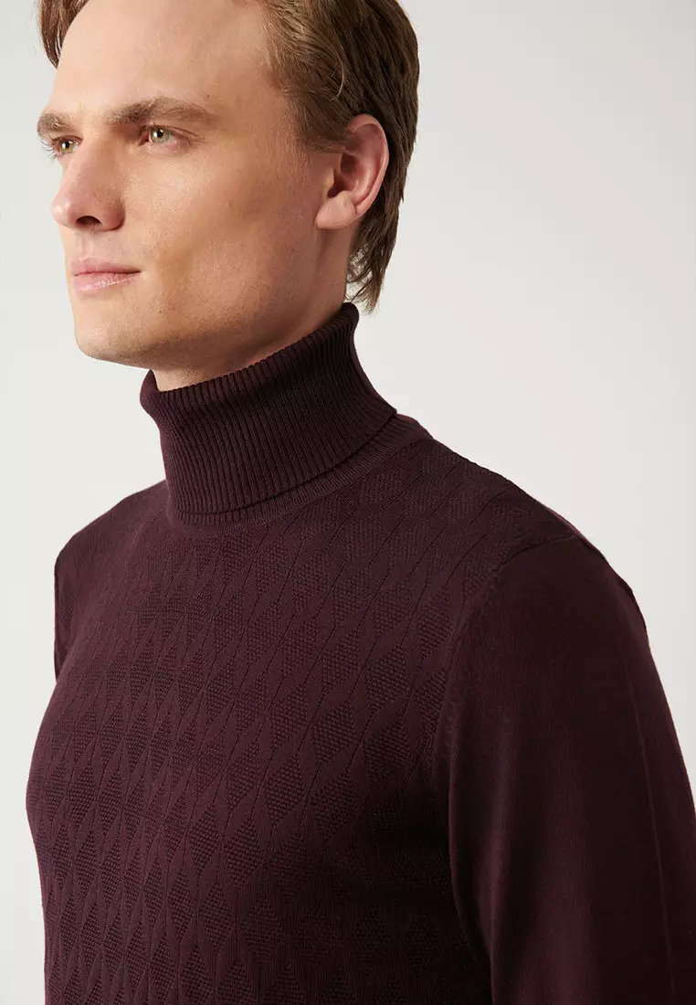 Men's Burgundy Turtleneck Cotton Patterned Knitwear Sweater A32Y5198