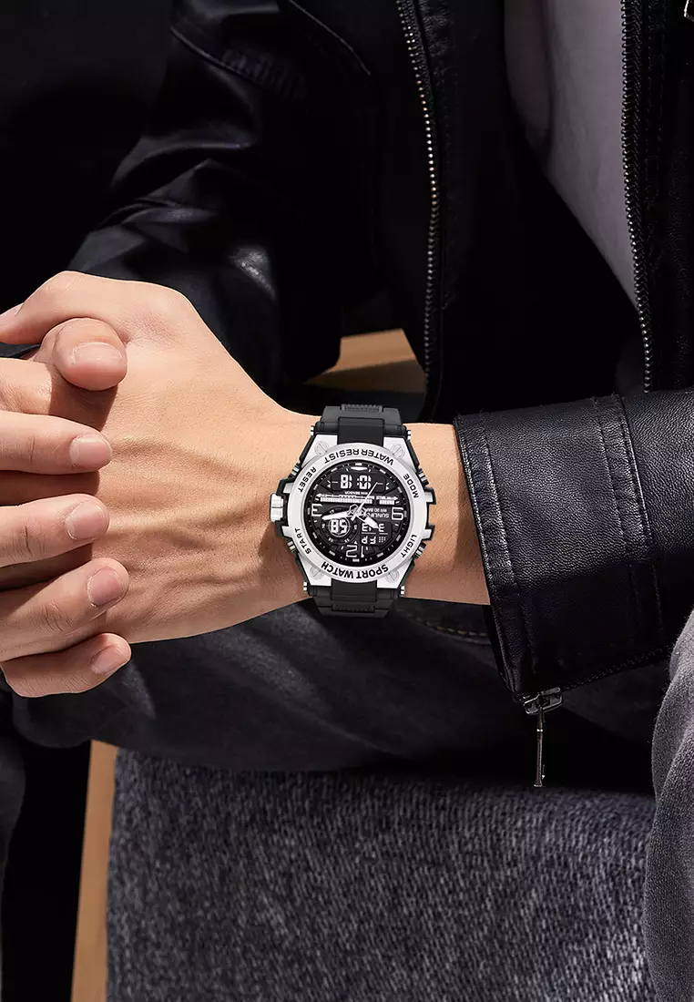 Jam Tangan Pria Digital&Analog Olahraga Multifungsi Tali Silikon Jam Tangan Cowok D003 black silver