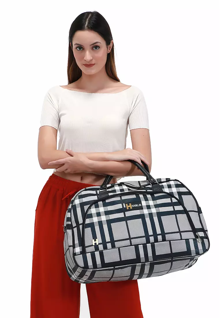 Semply Tas Travel Jinjing Bag 20 Inch Grid Motif Large Compartment Material Leather Kulit ORIGINAL - Black Grey